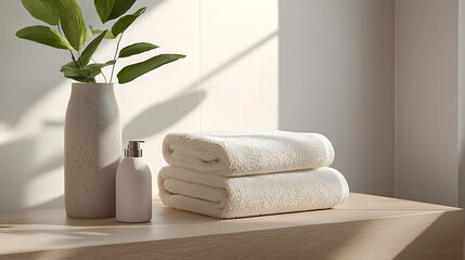 Relaxing bathroom scene with towels and plant home spa ambiance minimalist design soft lighting