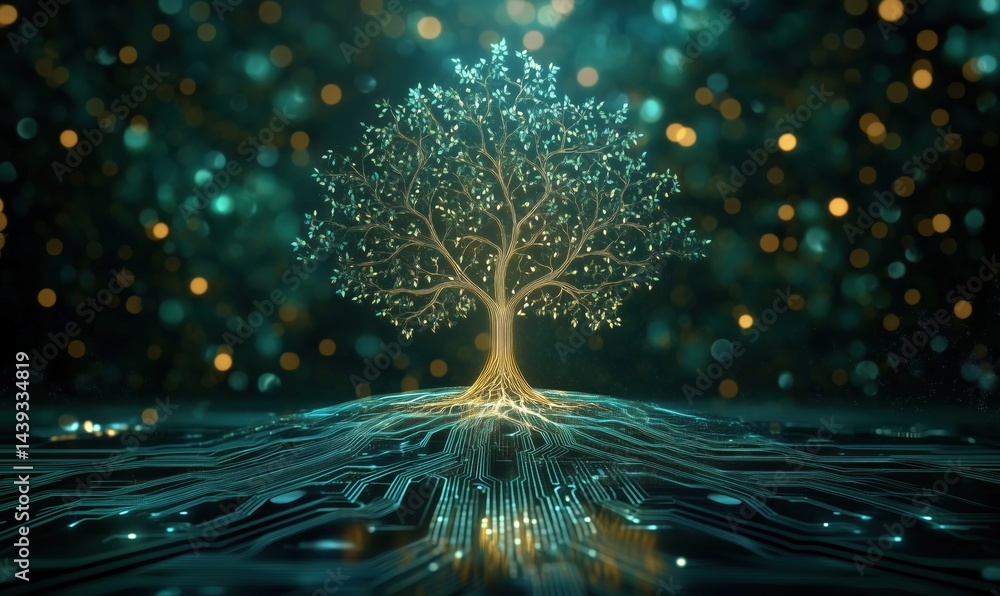Poster digital tree with glowing roots and branches symbolizing technology and nature integration