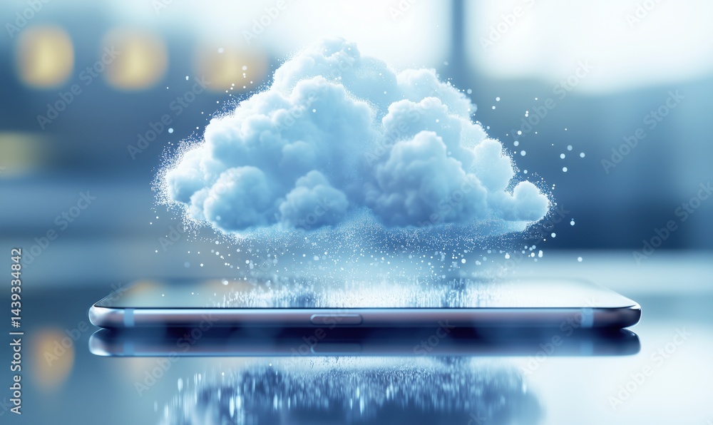 Poster cloud computing concept with digital cloud above smartphone on reflective surface