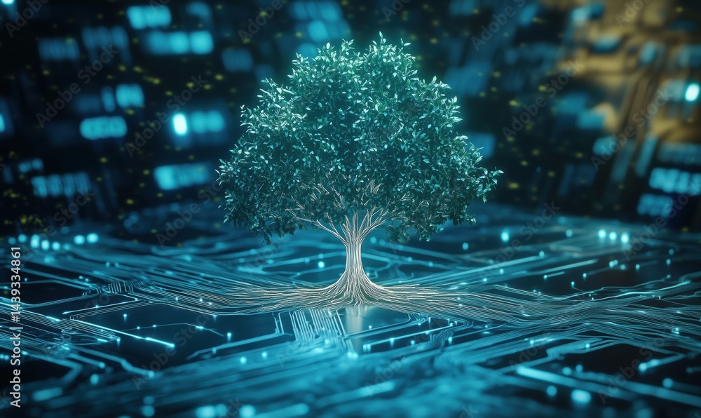 Aufkleber digital tree growing from circuit board symbolizing technology and nature integration