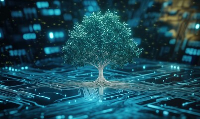 Digital tree growing from circuit board symbolizing technology and nature integration