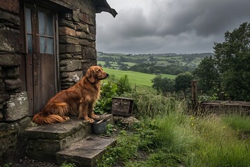 serious Irish Setter in rustic countryside