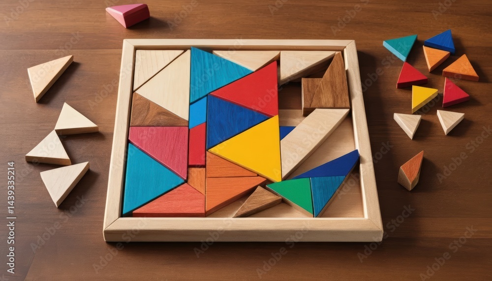 Poster a vibrant wooden puzzle scattered on a light wooden floor, featuring an array of colorful, interlock