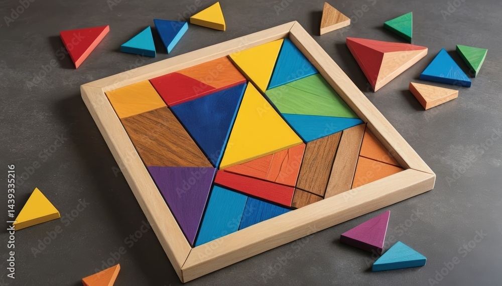 Poster a vibrant wooden puzzle featuring an array of colorful triangles in various sizes, perfect for stimu