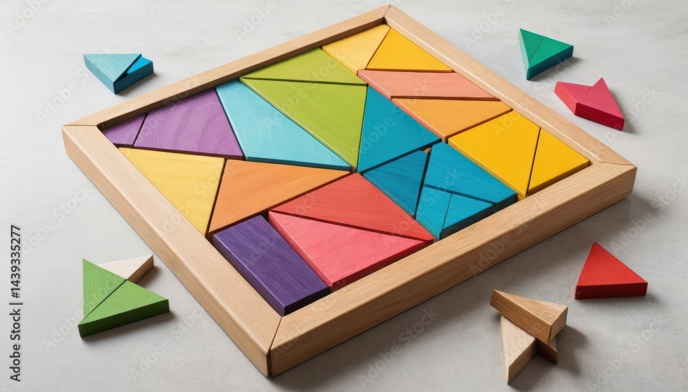 Poster a vibrant wooden puzzle featuring an array of colorful triangles in various sizes, scattered playful