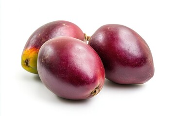 Obraz premium Three ripe purple fruits arranged on a white background, showcasing their smooth texture