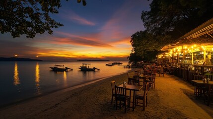 A scenic coastal restaurant scene during the beautiful sunset hours