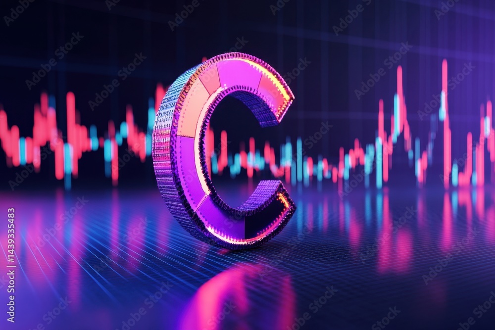 Poster a purple c is displayed on a blue background with a red and blue line graph