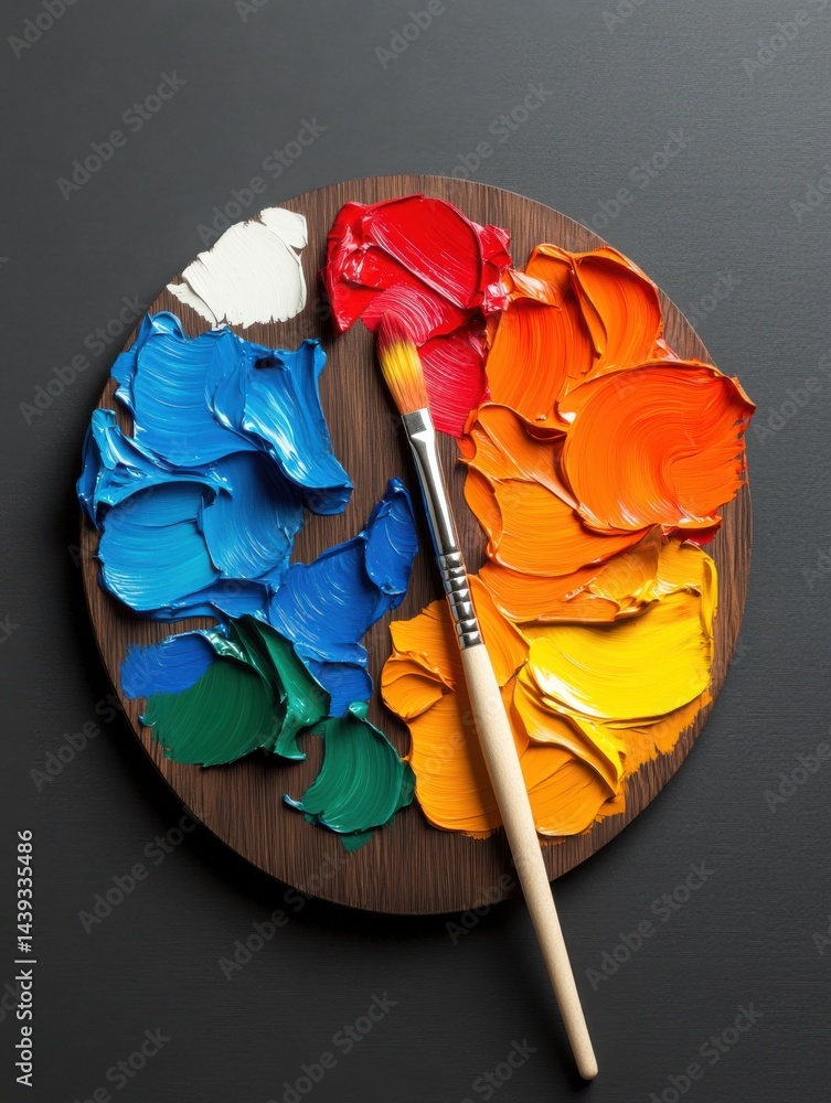 Poster a flat art paint palette with vibrant color splashes and a paintbrush, symbolizing creative expressi