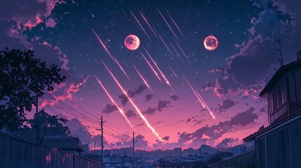 Obraz premium A stunning twilight scene featuring two moons and vibrant shooting stars.