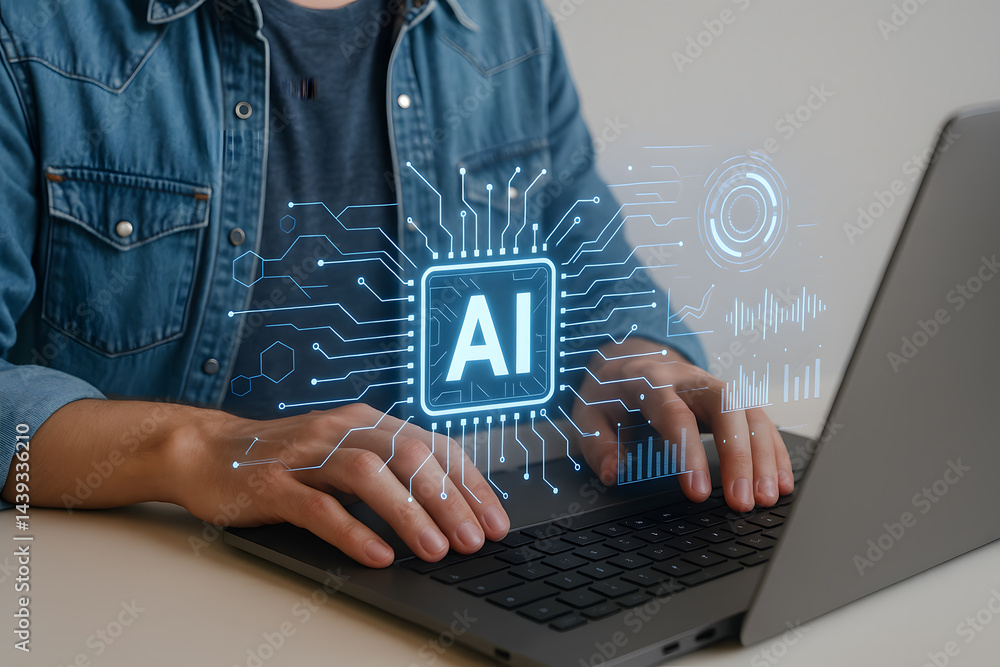 Poster man working on a laptop with an ai interface