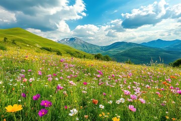 Fototapeta premium Vibrant spring flower meadow landscape with rolling hills and mountains, ideal for nature lovers seeking refreshing and colorful wallpaper aesthetics. Perfect backdrop for serene atmospheres