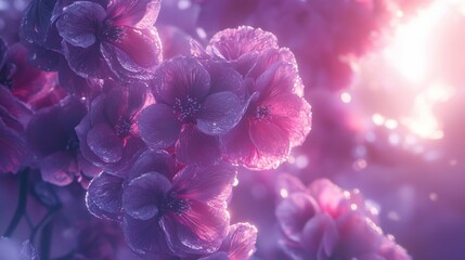 Beautiful close-up of delicate pink flowers with water droplets under soft light creating a dreamy atmosphere in spring