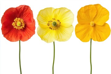 Obraz premium Three vibrant poppy flowers in red, yellow, and orange against a clean white background