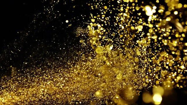 Falling Gold Particles Flicker And Shimmer Against A Black Background