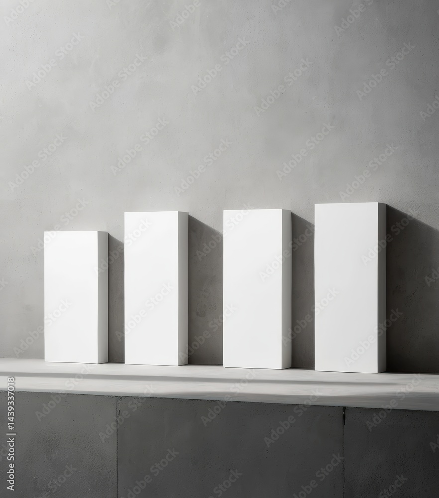 Poster three neatly arranged white boxes sit on a wooden shelf, each with a smooth finish and varying sizes