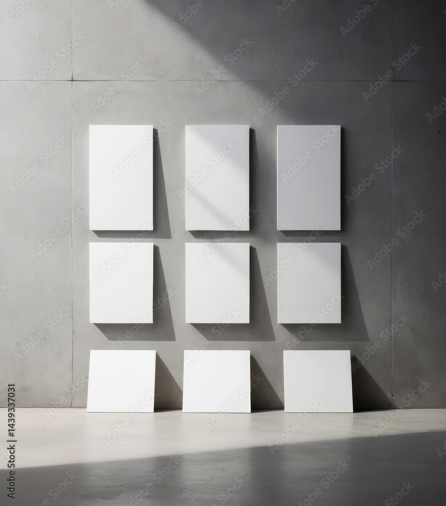 Poster a modern white shelf featuring multiple square compartments, arranged neatly to create a stylish dis