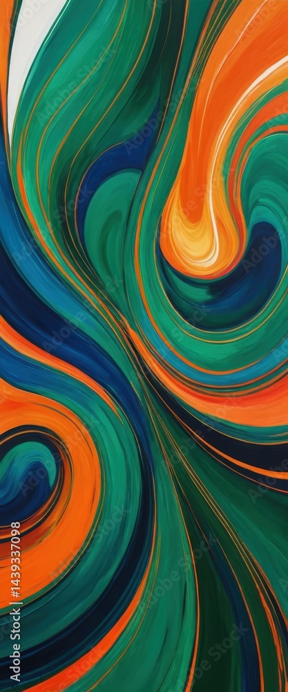 Poster a vibrant painting featuring dynamic swirls of orange and green, blending harmoniously to create an 