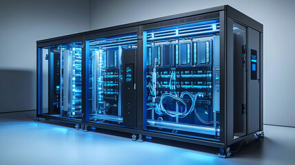 Hyper-realistic 8K rendering of a next-gen hydrogen-powered data center with modular racks, advanced cooling, and sleek high-tech materials. Futuristic, energy-efficient, and ultra-detailed