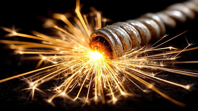 Bright sparks of a burning sparkler shine in the dark night celebration A metal coil with radiating sparks. - Powered by Adobe