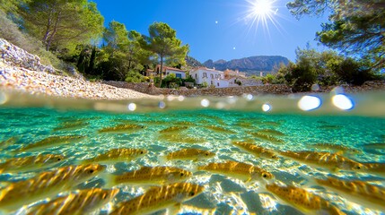 Obraz premium Swimming Fish Underwater with a View of a Seaside Village on a Sunny Day