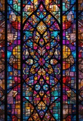 Fototapeta premium Vibrant stained glass window in the Cathedral of St. Louis, Paris, showcasing intricate biblical scenes with rich colors and detailed craftsmanship.