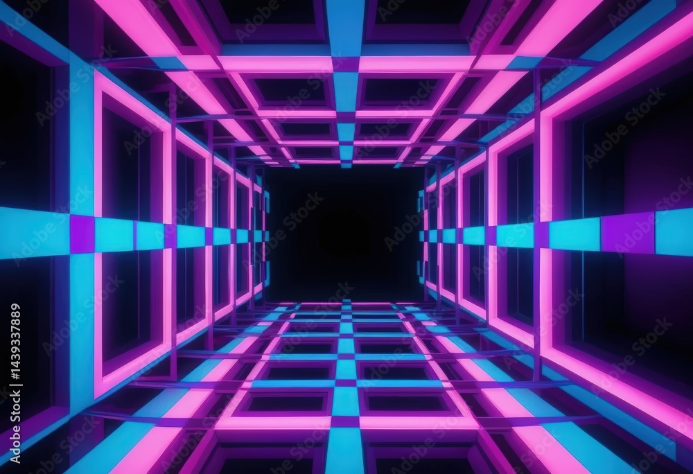 Poster vibrant abstract neon background featuring luminous squares and swirling lights in a kaleidoscope of