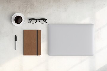 Modern workspace with  copy space on white color background. Top view with copy space. Flat lay...