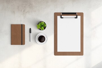 Modern workspace with  copy space on white color background. Top view with copy space. Flat lay...