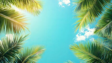 Fototapeta premium Vibrant green palm leaves against a sunny blue sky tropical summer vacation paradise warm leaf tree