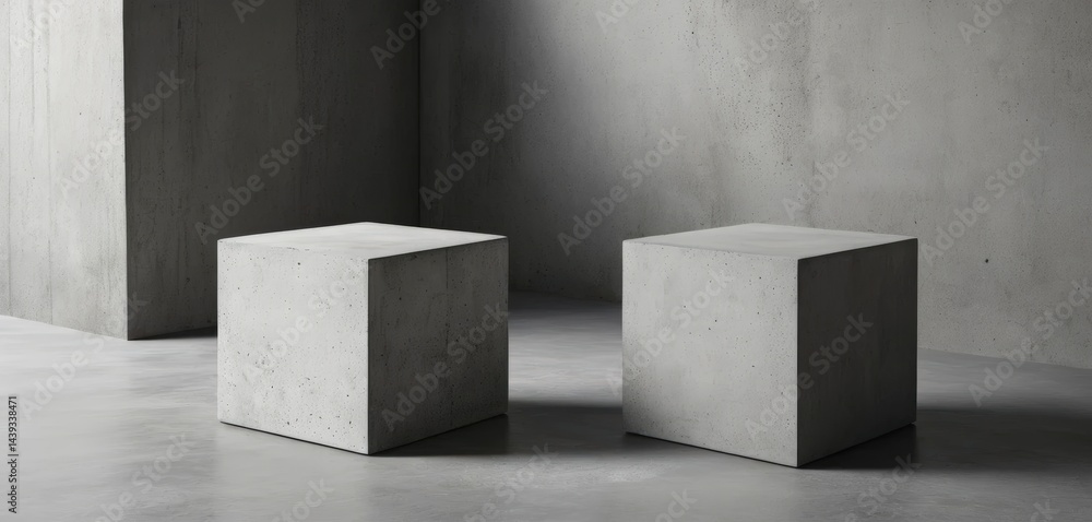 Poster two weathered concrete blocks resting on a textured cement floor, showcasing their rough surfaces an