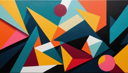 A vibrant painting featuring an array of abstract shapes in bold colors, including reds, blues, yellows, and greens, creating a dynamic visual experience.