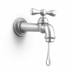 Chrome Water Faucet with a Single Dripping Drop Illustration for Plumbing and Conservation 3D Art