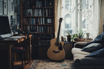 A living room with a guitar and music notes on a desk. A person records a video to promote their music lessons. The mood is excited and hopeful