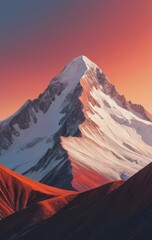 Fototapeta premium A majestic mountain peak, blanketed in pristine white snow, glistens under the bright blue sky, surrounded by lush green valleys and distant hills.