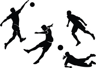 Black silhouettes of soccer players in various poses with balls on a white background image