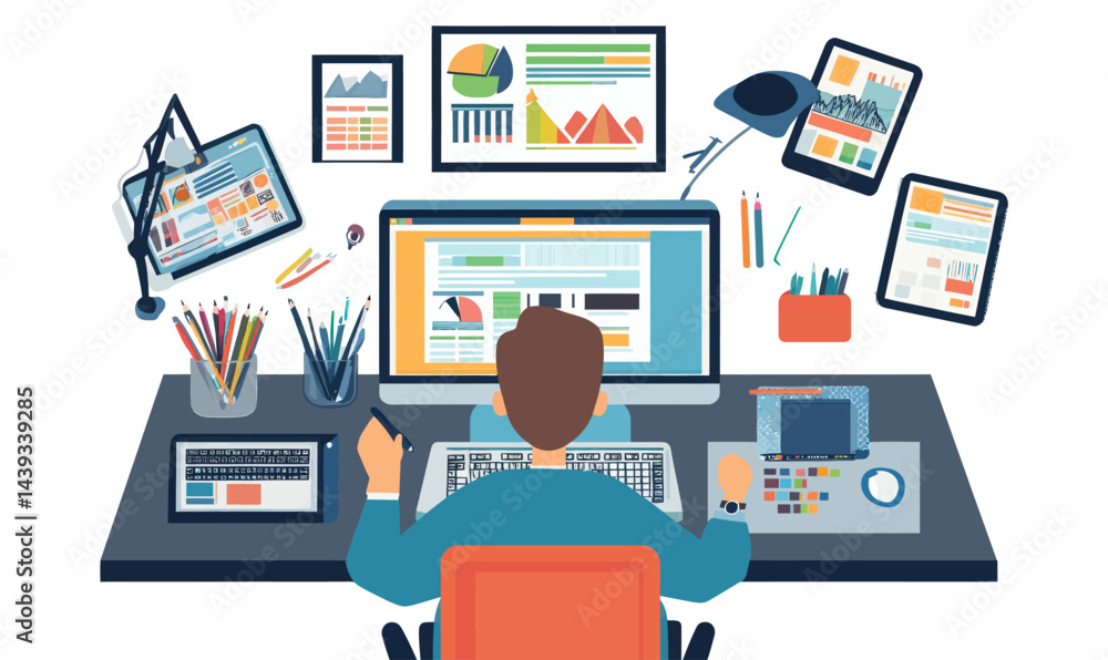 Poster modern graphic designer workspace with digital tools and devices in minimalist style