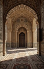 Fototapeta premium A grand archway adorned with intricate carvings depicting floral and geometric patterns, framed by ornate stone walls that exude timeless elegance.