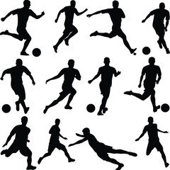 Silhouette illustration of soccer players in various poses kicking and running with a ball