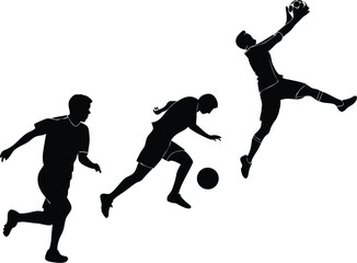 Silhouettes of soccer players in action running with ball and jumping to catch the ball