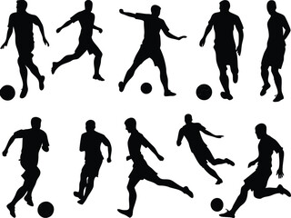 Silhouette illustration of multiple soccer players in various action poses with balls