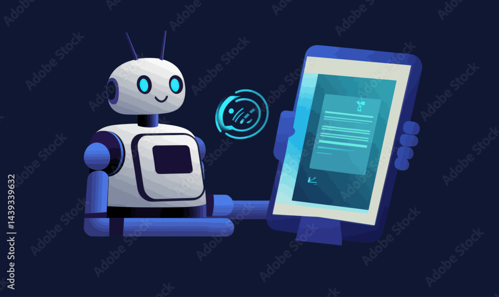 Poster chatbot ai interaction concept with robot and digital interface for conversational technology