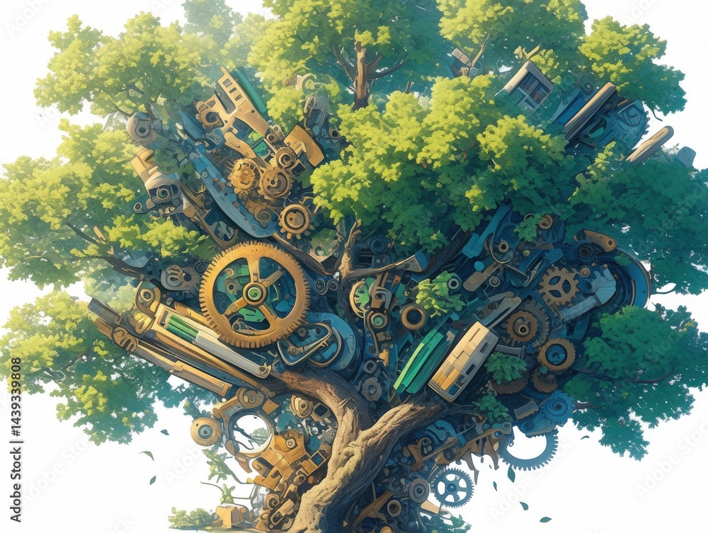 Poster lush tree interwoven with intricate clockwork mechanisms