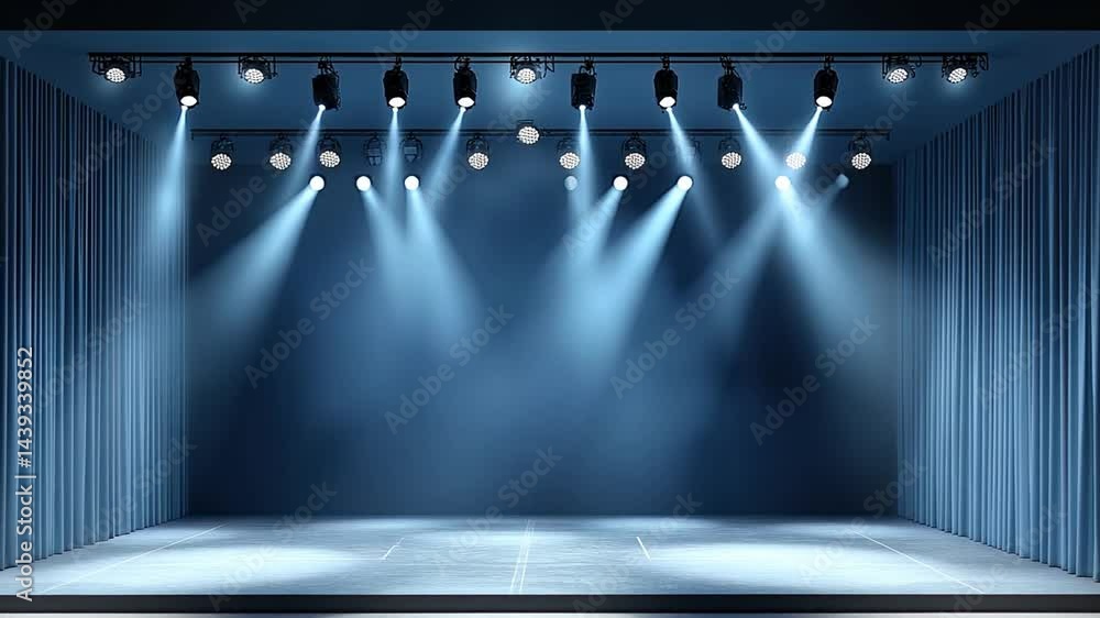 Poster modern stage setup illumination and design of curtains and backdrop for inviting performance atmosph