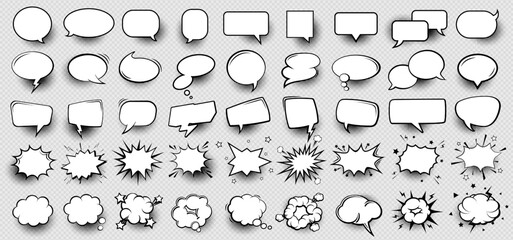 Empty comic speech bubble, cloud message box, text balloon and retro cartoon sticker with halftone overlay pattern in a pop art style serve as symbol of business communication, quote, idea or chat.