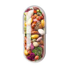 Transparent capsule filled with fruits, nuts, lentils, beans, flowers, and herbs, isolated with transparent background