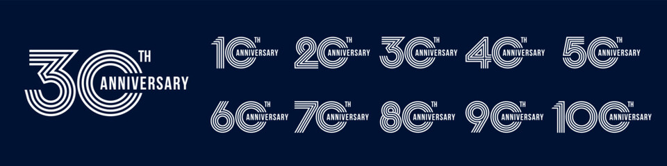 collection anniversary 10 to 100 year logo designs. abstract number for celebration event, wedding, greeting card, and invitation, vector illustration