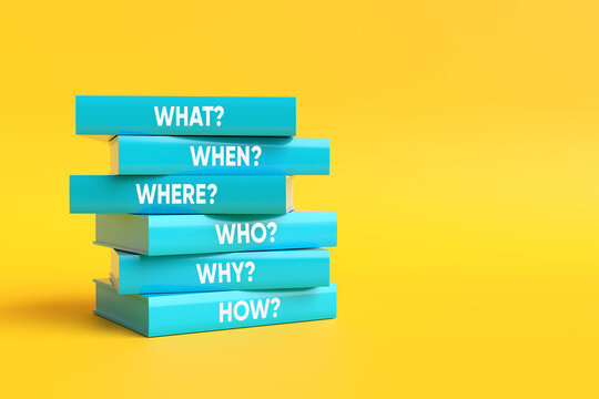 Stack of books posing fundamental questions on yellow background