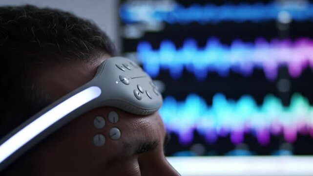 A person wears a neural monitoring headset in a lab, analyzing brainwave activity displayed on a screen. The environment features various advanced equipment highlighting scientific research.