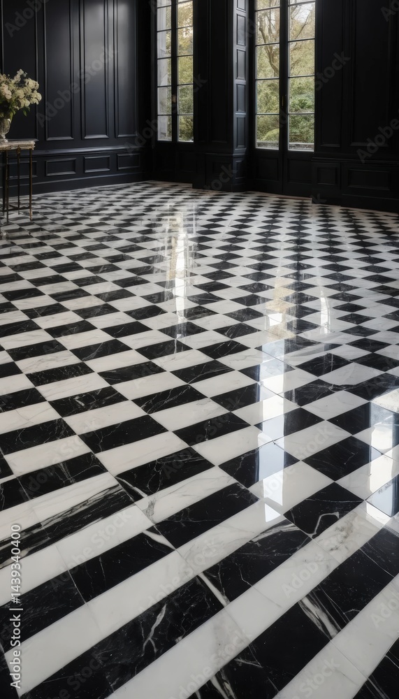 Poster a stunning black and white marble floor features intricate patterns, complemented by two elegant vas